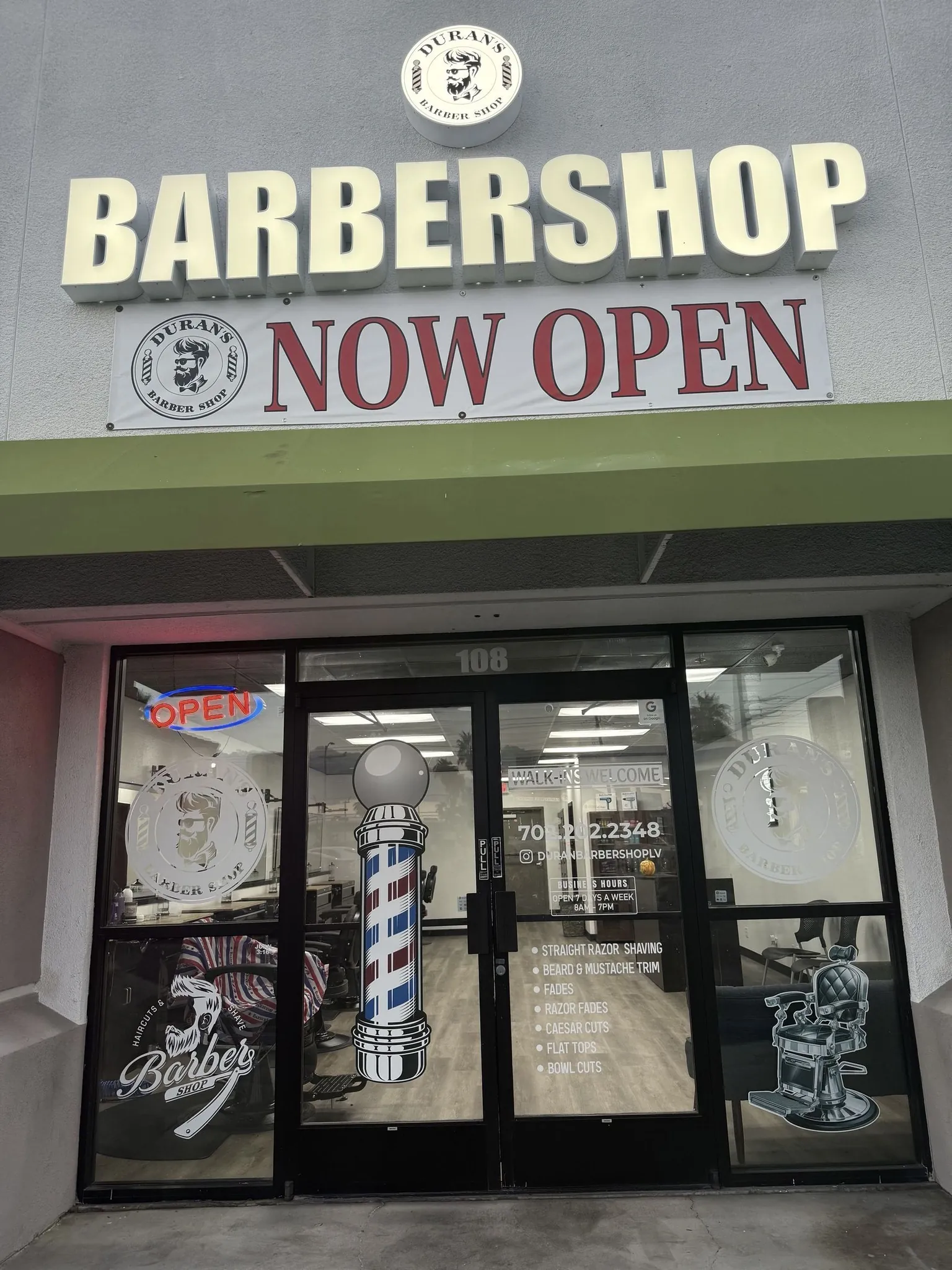 The Duran's Barbershop storefront on East Russell Road in Las Vegas